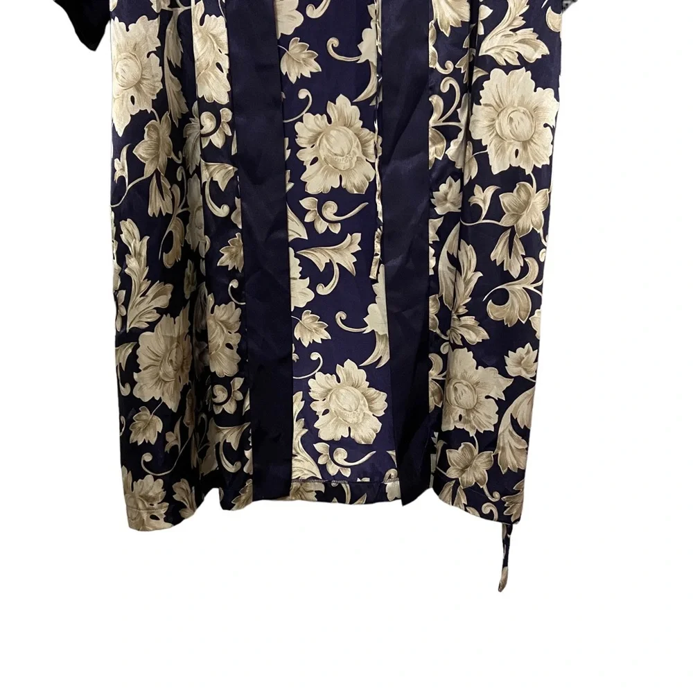 80’s VTG Adonna Kimono Satin Women’s Medium Floral Print Robe Navy Blue Romantic